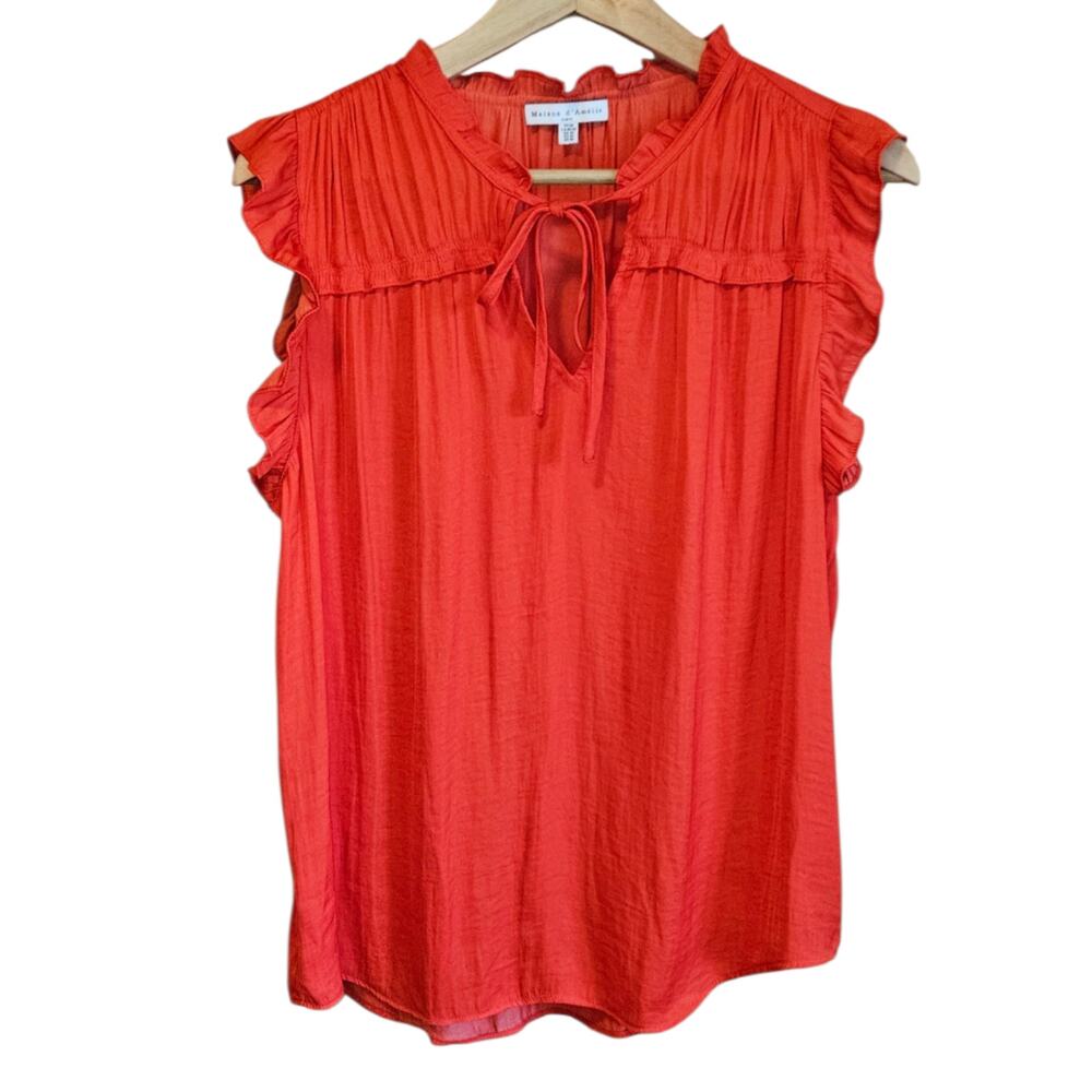 Maison d'Amélie Medium Burnt Orange Red Ruffle Split V-Neck Tie Front Blouse Top